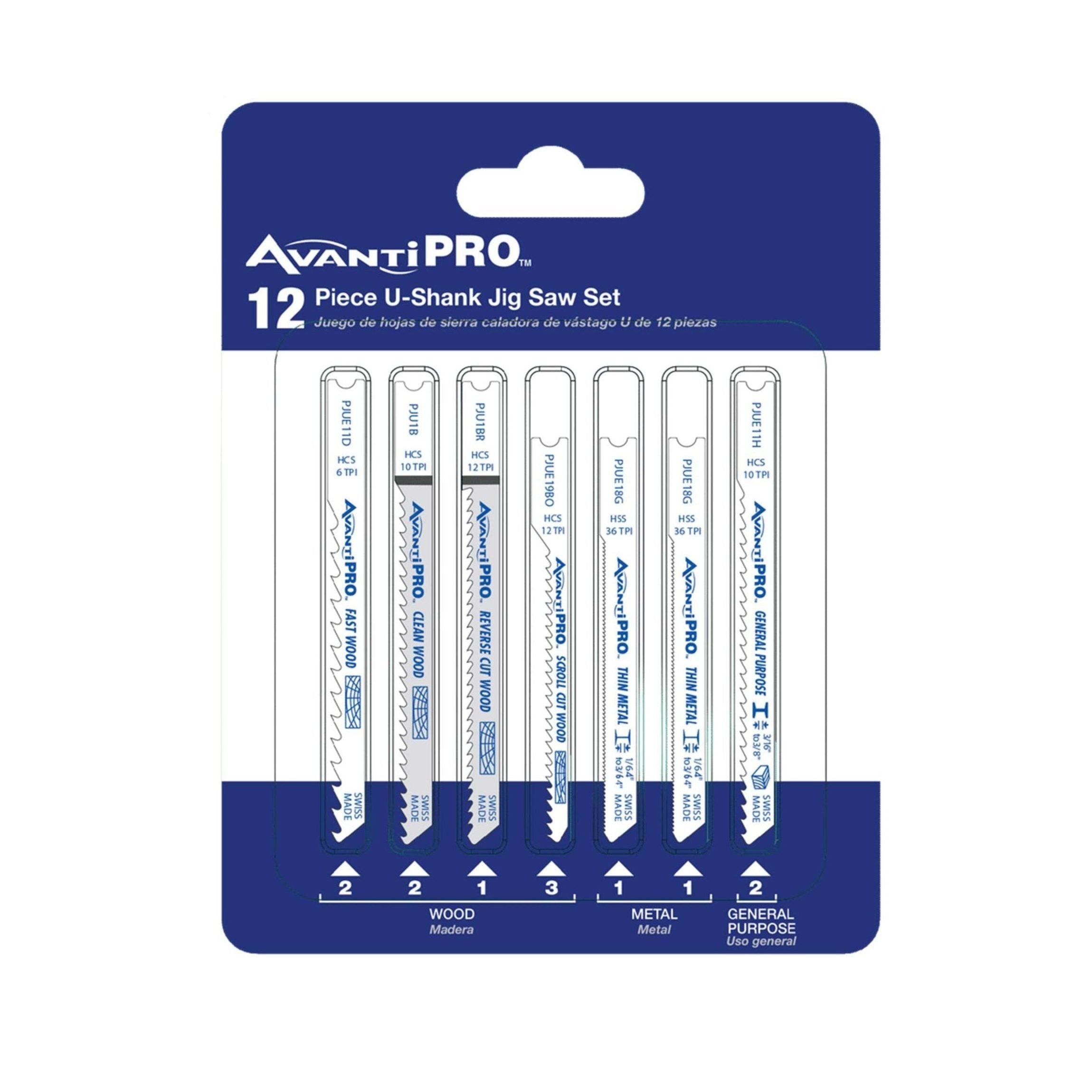 AvantiPRO PJU12BC U-Shank Jig Saw Blade 12-Piece Set for Wood & Metal